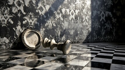 Poster - Fallen chess king piece on a checkered floor in a dilapidated room.