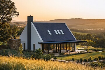 Poster - Modern farmhouse nestled on a hilltop at sunset, overlooking rolling hills and grasslands.