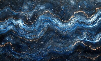 Wall Mural - abstract swirling blue and gold patterns resembling ocean waves with a hint of light, creating a ser