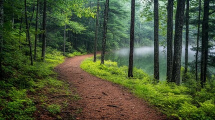 Poster - Misty forest trail winds beside tranquil lake.