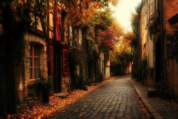 Poster - Cobblestone street lined with historic buildings in autumn. Fallen leaves cover the ground.