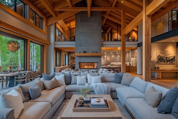 Poster - Spacious modern living room with large windows, high ceilings, exposed beams, stone fireplace, and sectional sofa.