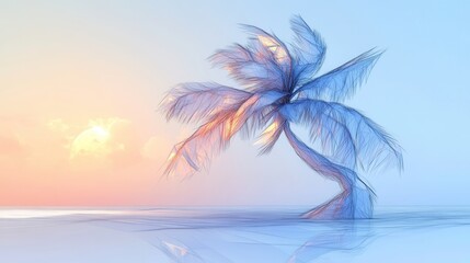 Bending Palm Tree in Wind, minimalist design capturing the essence of tropical breezes and serene landscapes in low poly style