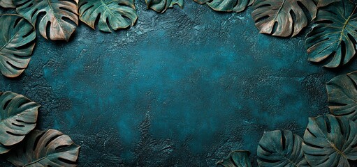 Aufkleber - Teal textured background decorated with tropical leaves.