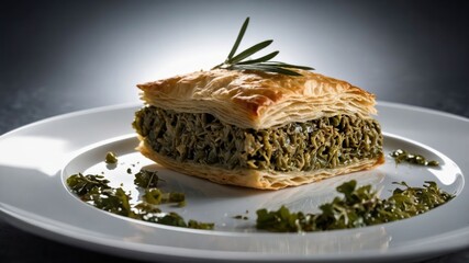 A delicious pastry filled with greens, elegantly presented on a plate.