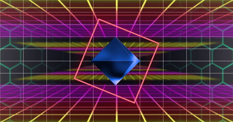 Poster - image of neon shapes over lines on black background