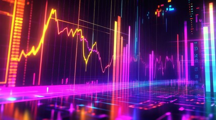 Poster - Abstract depiction of financial graphs and charts in neon colors
