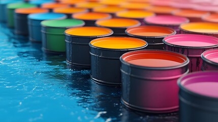Poster - A vibrant array of paint cans in various colors, arranged neatly on a reflective surface, showcasing creativity and artistic potential