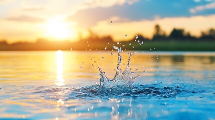 Poster - A serene sunset reflects on water, with droplets creating ripples, capturing a tranquil moment in nature