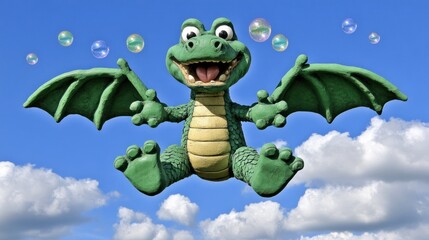 Smiling green dragon character with wings, floating in the sky amidst colorful bubbles.