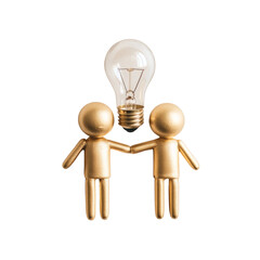 Aufkleber - Two golden figurines join hands under a glowing lightbulb symbolizing collaborative idea generation.