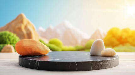 Poster - Serene Landscape with Smooth Stones on a Dark Tabletop Under Bright Sunlight and Nature Background