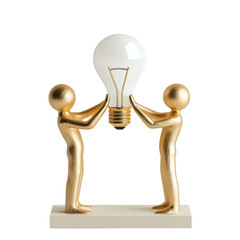 Poster - Two golden figurines jointly hold aloft a lightbulb symbolizing shared ideas and collaborative innovation.