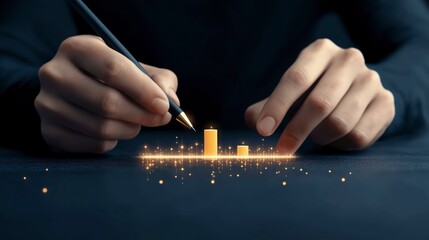 Poster - Hands Holding Pen and Touching Graph Display with Sparkling Elements on Dark Background