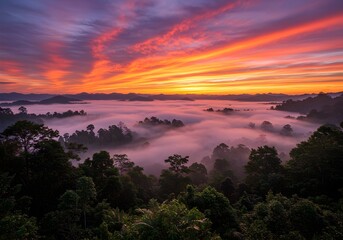 Sunset over tropical rainforest with morning mist