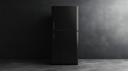 A minimalist refrigerator with a black matte finish, standing against a smooth grey background, soft lighting highlighting its design, 3D render