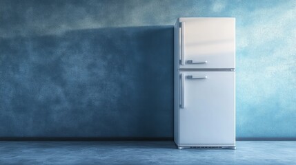 Wall Mural - A minimalist refrigerator with a glossy white finish, set against a soft blue background with soft diffused lighting, 3D render