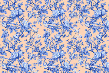 Poster - Floral Toile Tapestry Pattern. Vintage botanical wallpaper pattern. Background image. Created with Generative AI technology