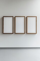 Poster - Symmetrically arranged wooden frames of different sizes adorn a light gray wall, creating a visually appealing minimalist gallery. The design leaves ample room for personalized artwork