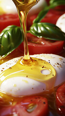 Canvas Print - salad on a rustic wooden plate, with fresh slices of juicy red tomatoes and creamy white mozzarella, topped with green basil leaves and a drizzle of honey