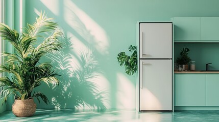 Wall Mural - A modern built-in fridge with a seamless design, standing in front of a light pastel green background, soft lighting, and 3D rendering