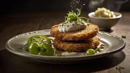 A plate of crispy fried food garnished with herbs, served with green tomatoes and sauce.