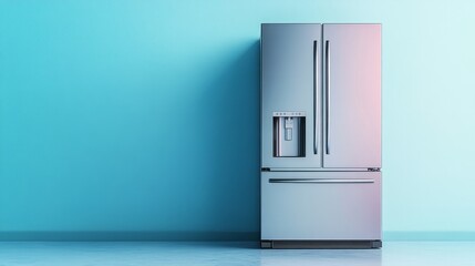 Wall Mural - A modern stainless steel refrigerator with clean lines, set against a soft gradient of pastel blue and white, 3D render with soft shadows