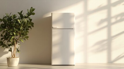 Wall Mural - A modern white fridge with a smooth matte finish, set in front of a light beige gradient background, realistic 3D render with soft lighting