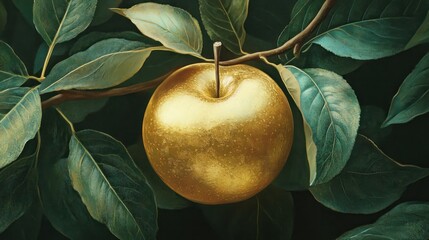 Golden apple hanging from a tree branch surrounded by lush green leaves.