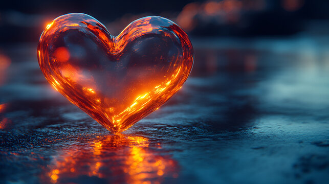 A glowing orange heart stands on a wet, reflective dark surface, radiating warmth