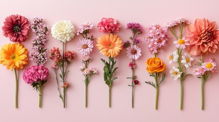 Poster - Colorful blossoms line up against a gentle pink background, showcasing the exquisite diversity of nature. Each flower tells a story of growth and beauty, captivating the eye