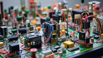 Poster - an array of sensors and circuit boards stacked neatly on a training workstation each piece interconn