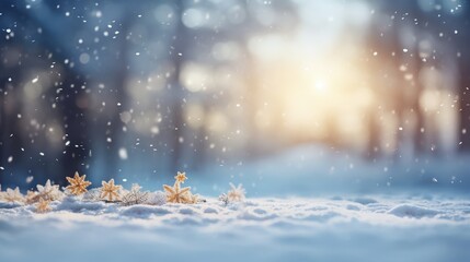 Poster - Serene Winter Wonderland with Snowflakes Falling Gently in a Mystical Forest at Dusk and a Warm Glowing Background