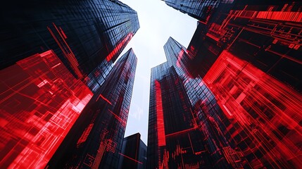 Poster - Cyberpunk Cityscape: Red Digital Overlay on Skyscrapers