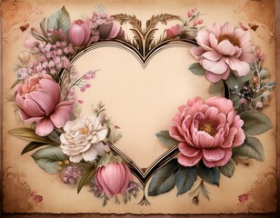 Wall Mural - vintage floral card with heart accents and antique paper texture