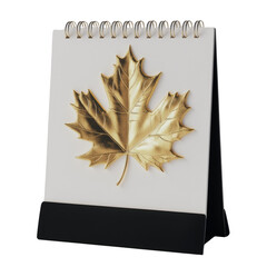 Aufkleber - A minimalist image of a golden maple leaf on a white desk calendar with a black stand.