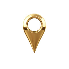 Poster - The image shows a gleaming golden three-dimensional map pin icon isolated on a white background.
