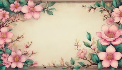 Wall Mural - a vintage floral frame design with pink flowers leaves and branches creating a textured nature inspired backdrop for spring or summer decorations