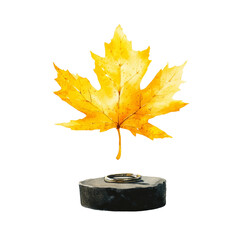 Aufkleber - A watercolor painting depicts a yellow maple leaf floating above wedding rings resting on a dark stone.