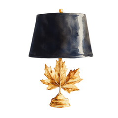Poster - A watercolor painting depicts an elegant table lamp with a dark lampshade and a golden maple leaf accent on its base.