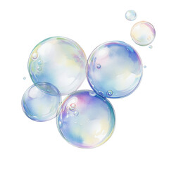 Poster - An illustration depicts several iridescent soap bubbles of varying sizes, floating against a white background in a dreamy, artistic style.