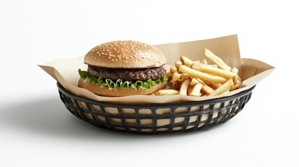 Wall Mural - A classic burger and fries combo served in a stylish basket with paper lining. Blank area for text.