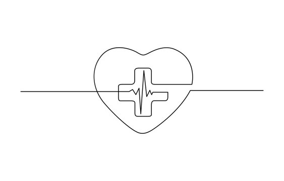 Heart with Heartbeat Sign and with Cross continuous one line drawing, Continuous line drawing of medical cross and heart love with heartbeat, Vector illustration.
