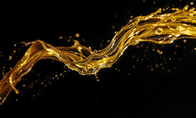 Poster - Gold splash with fluid motion creates dynamic and captivating visual. shimmering liquid flows gracefully against dark background, evoking sense of elegance and luxury