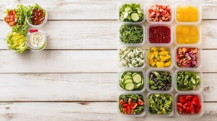 Poster - A selection of pre-made salads in clear plastic containers with dressing packets on a light wooden surface. Copy space included.