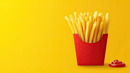 Poster - A stack of crispy golden French fries in a red carton, ketchup on the side, isolated on a vibrant yellow background. Copy space included.