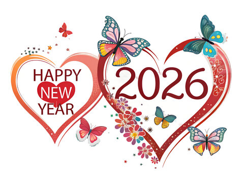 Happy new year 2026 with illustration of a heart shape  and flowers transparent or white background 