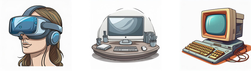 Aufkleber - Illustration showcasing evolution of computing: VR headset, modern desktop setup, and vintage computer.  A journey through technological advancements.