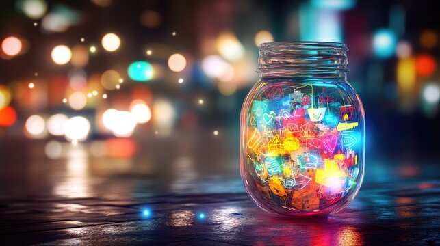 A glass jar overflowing with vibrant neon ideas and symbols of creativity.