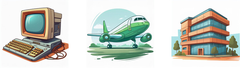 Aufkleber - Retro computer, airplane taking off, and modern building illustrated.  A nostalgic yet forward-looking image.